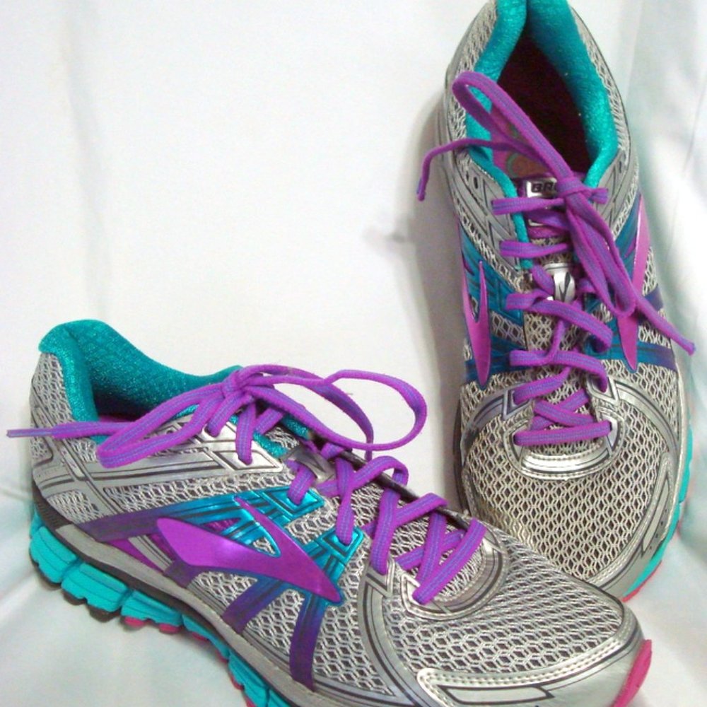 BROOKS ADRENALINE GTS 17 WOMAN 11 M GRAY TEAL PURPLE RUNNING SHOE SNEAKER COMFY